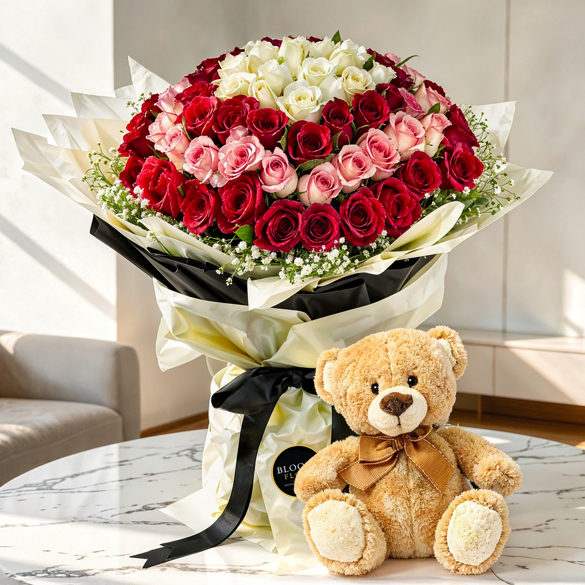 Bouquet of Mix Color Roses & Teddy Bear