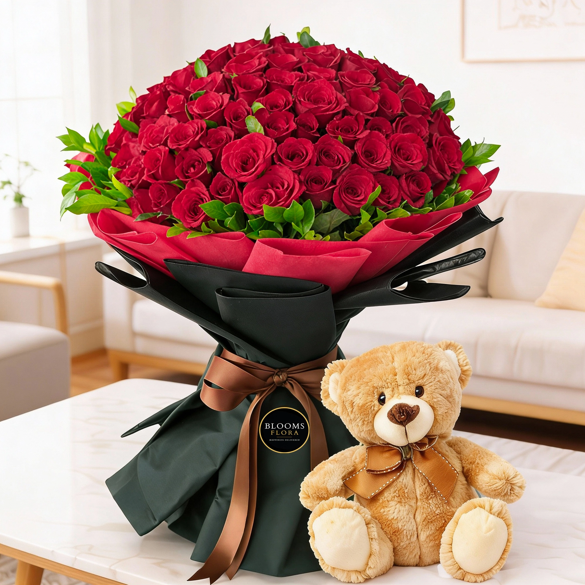 Bouquet of Red Roses & Teddy Bear