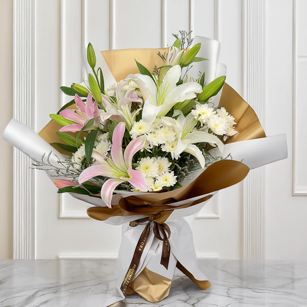 4 pink and white lilies with 5 white chrysanthemums bouquet