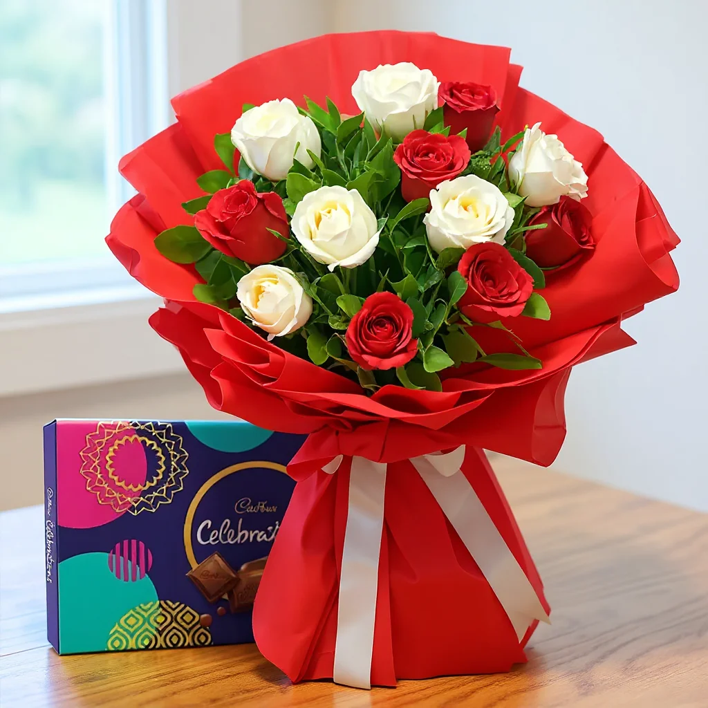 12 red and white roses bouquet with cadbury celebration box