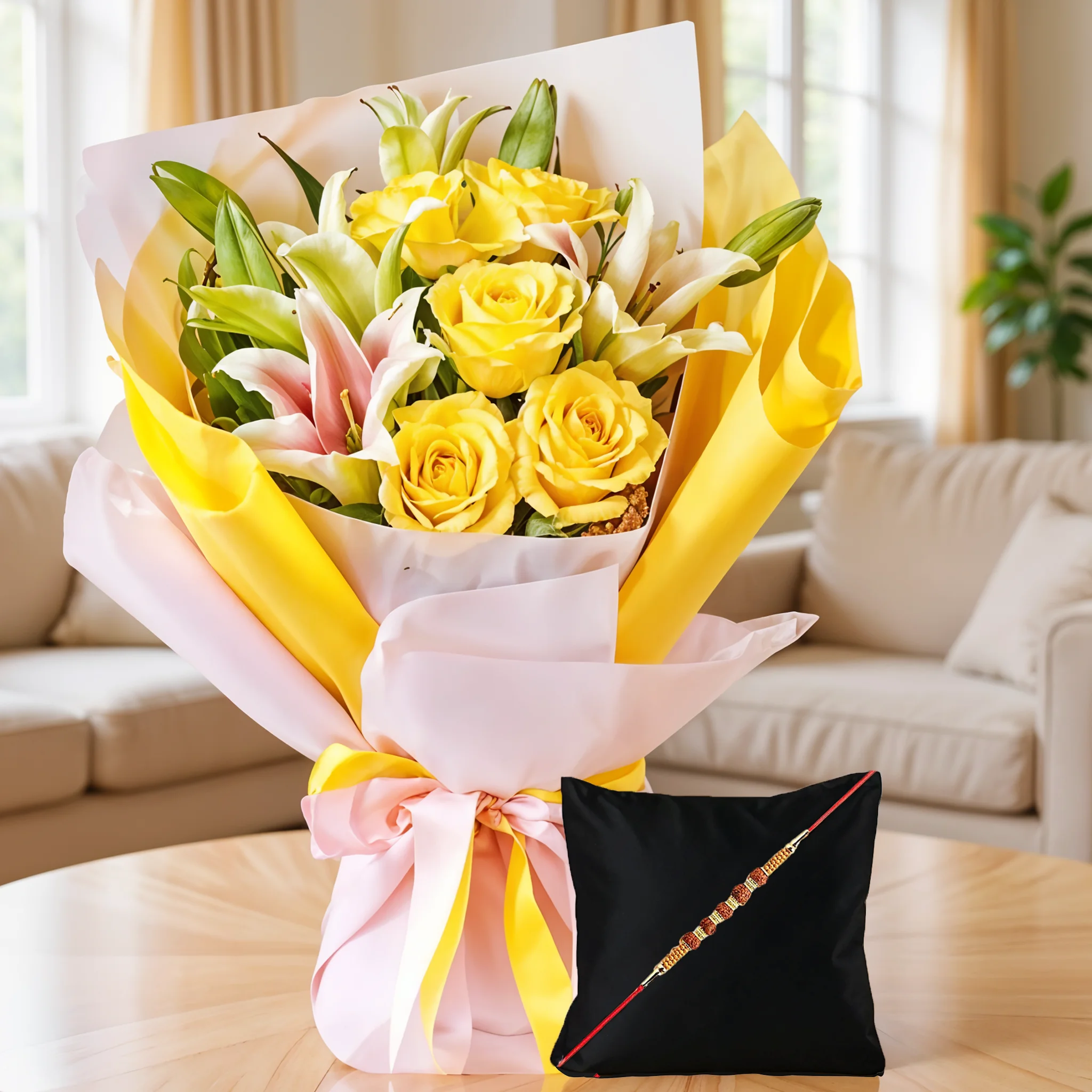 Bouquet of yellow roses and pink lilies with Rakhi