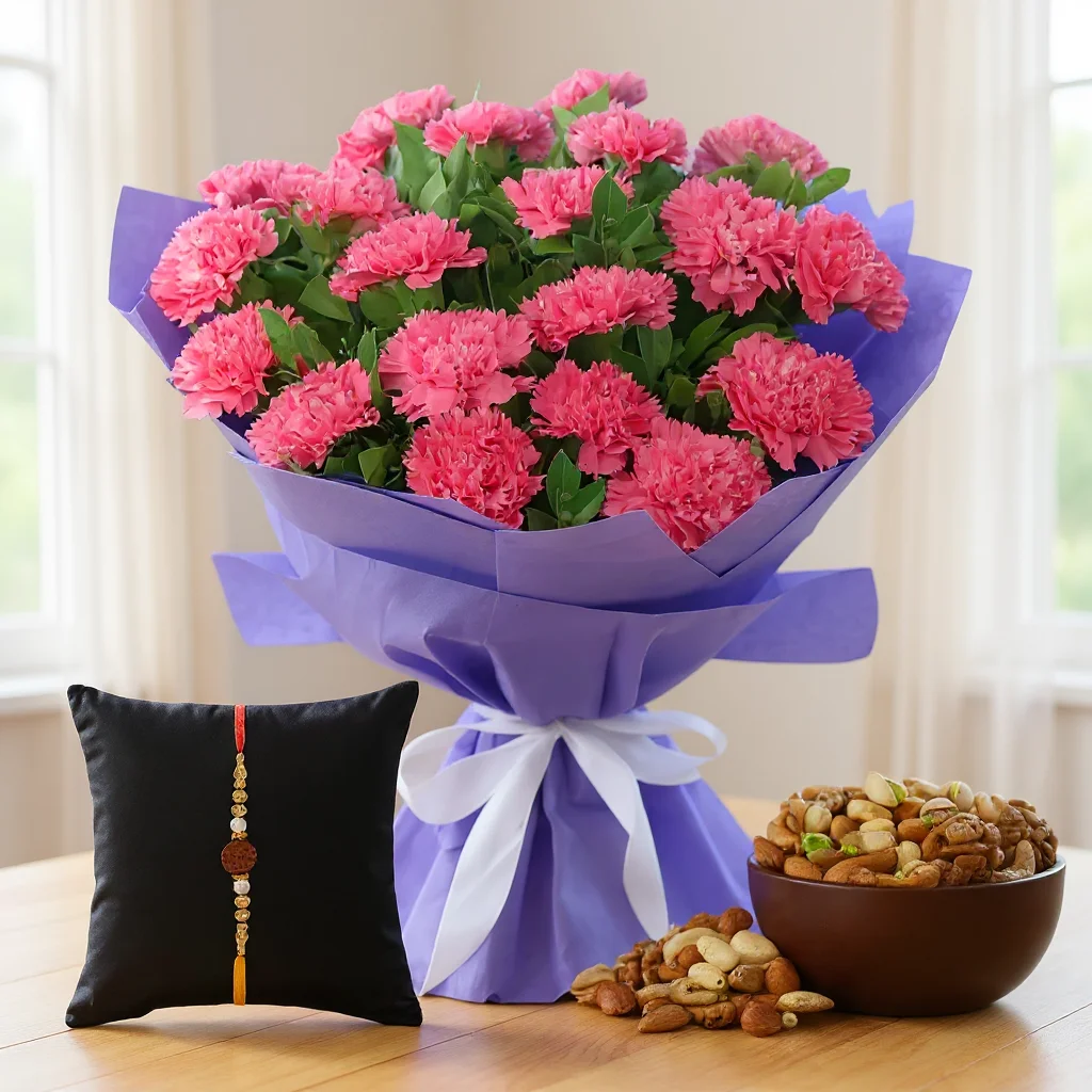 Carnations & Dry Fruits With Rakhi