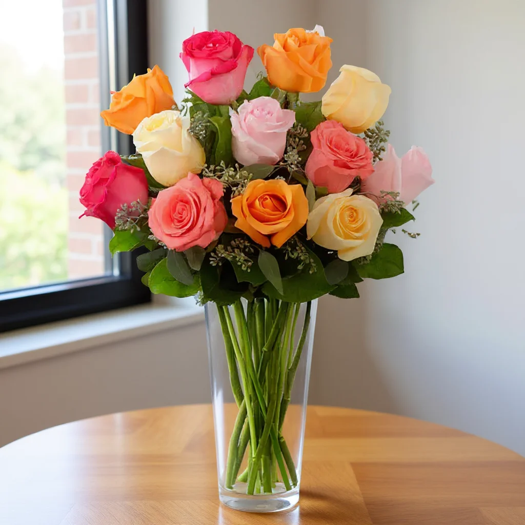Glass Vase of 20 Mixed Roses
