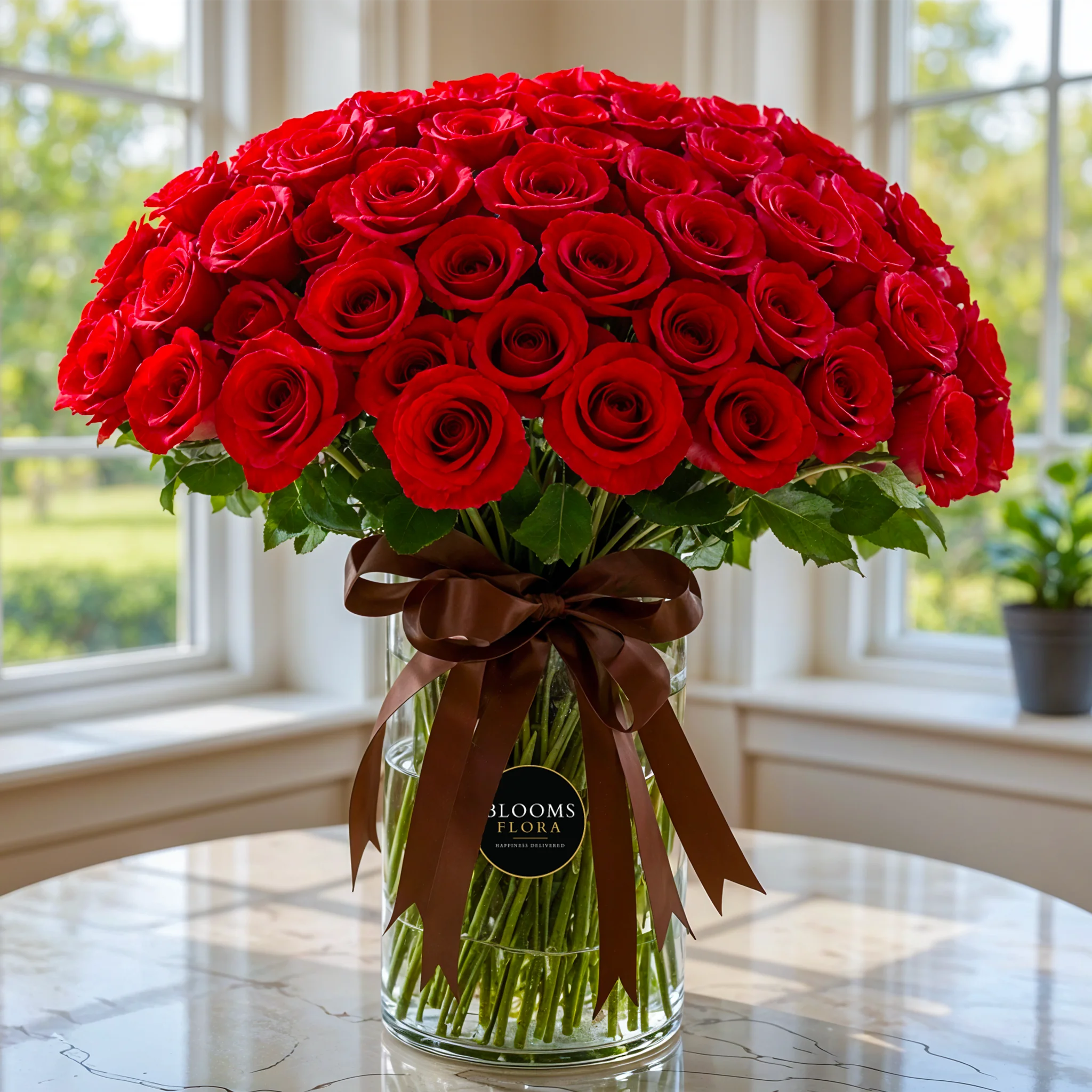 125 Red Roses in a Glass Vase