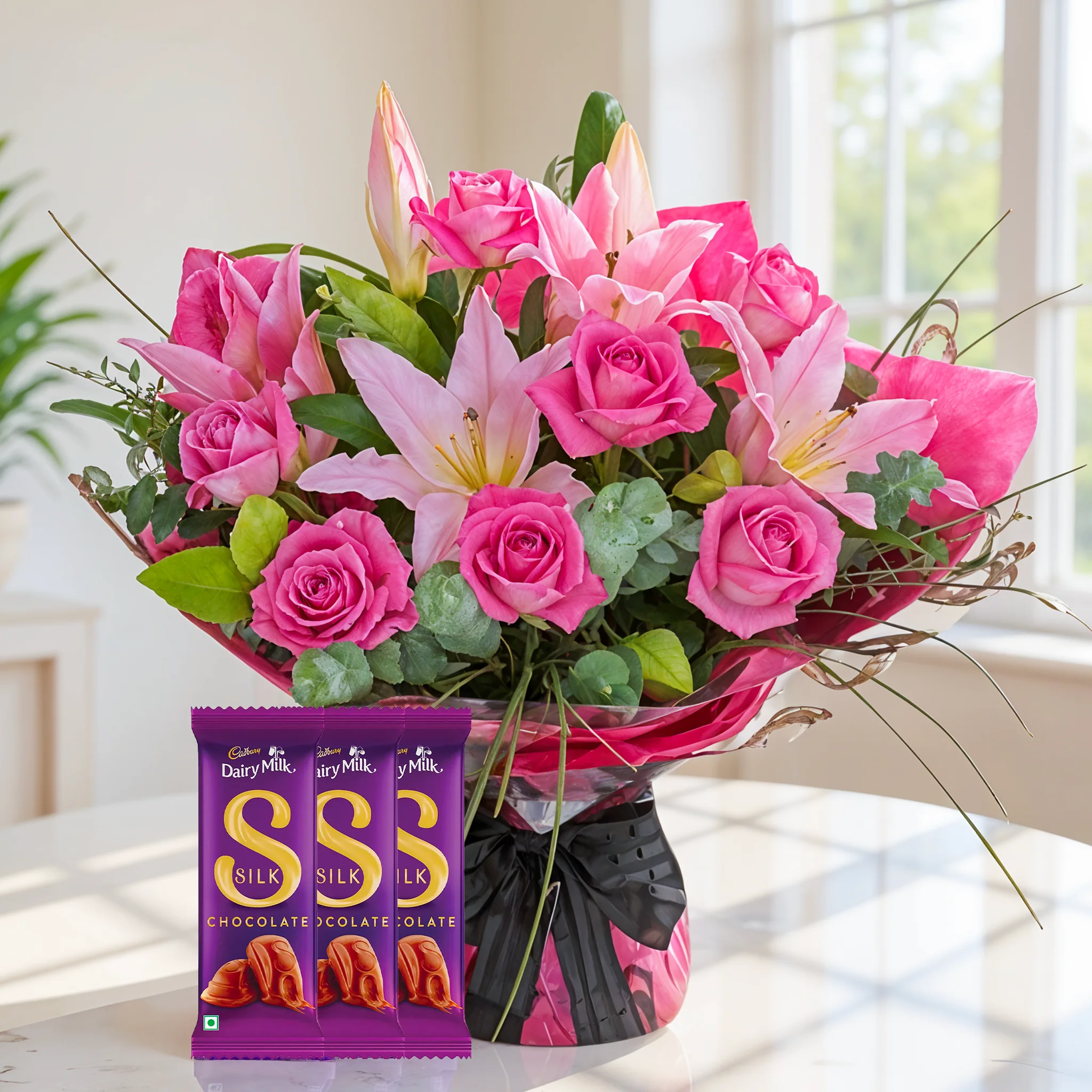 2 pink lilies and 8 pink roses bouquet with 3 Dairy Milk chocolates