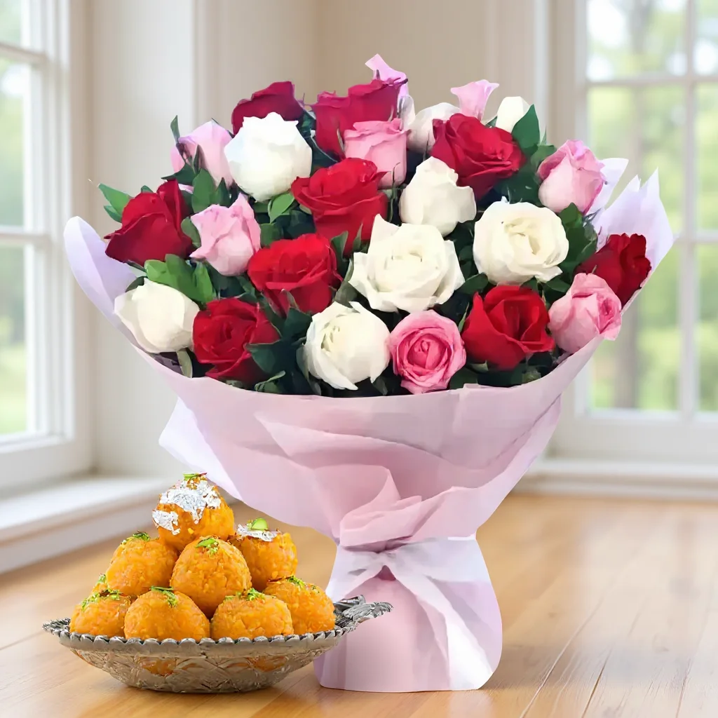 Mixed Roses Bouquet & Motichur Laddu