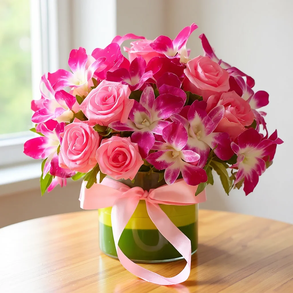 10 purple orchids and 10 pink roses in a vase