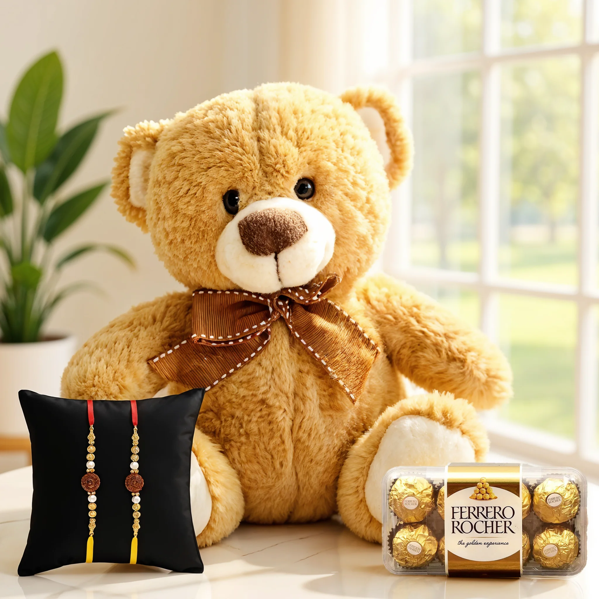 12-inch teddy with Ferrero Rocher chocolates and Rakhis