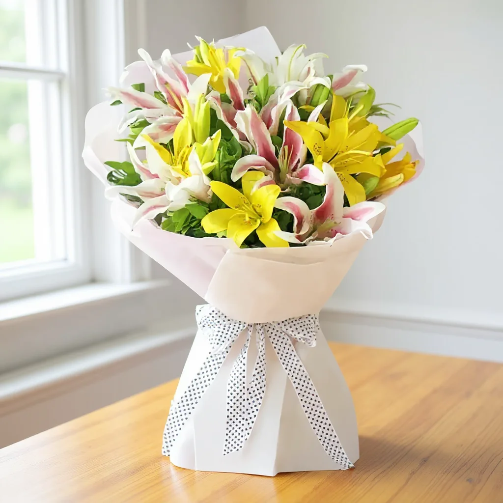 3 yellow Lilies and 3 pink lilies Bouquet