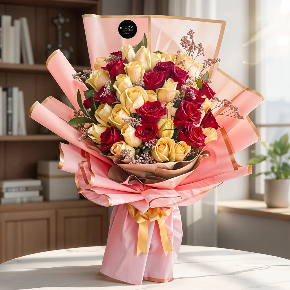 15 red and 25 peach roses bouquet