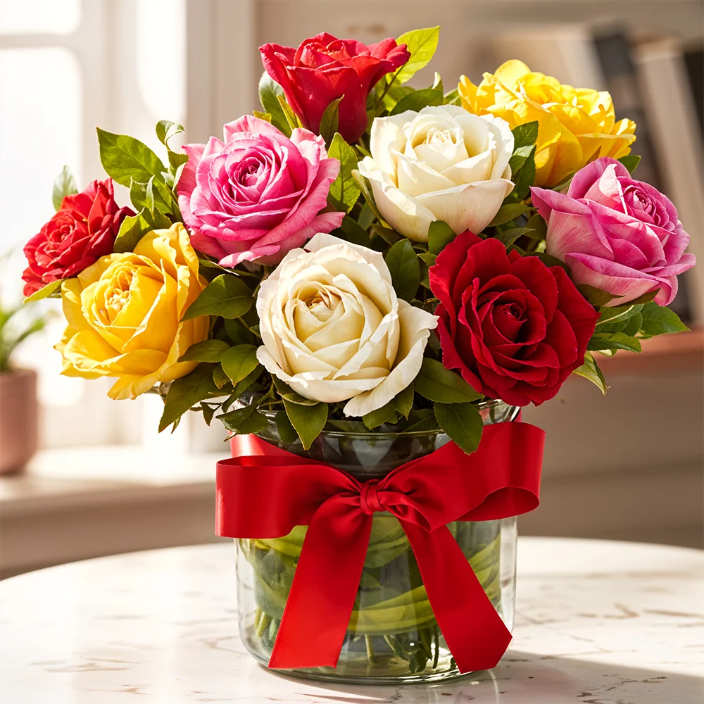 Buy Mixed Roses in Glass Vase