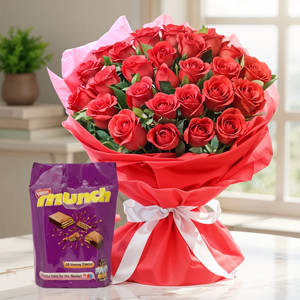 30 red roses with munch mini pack chocolate