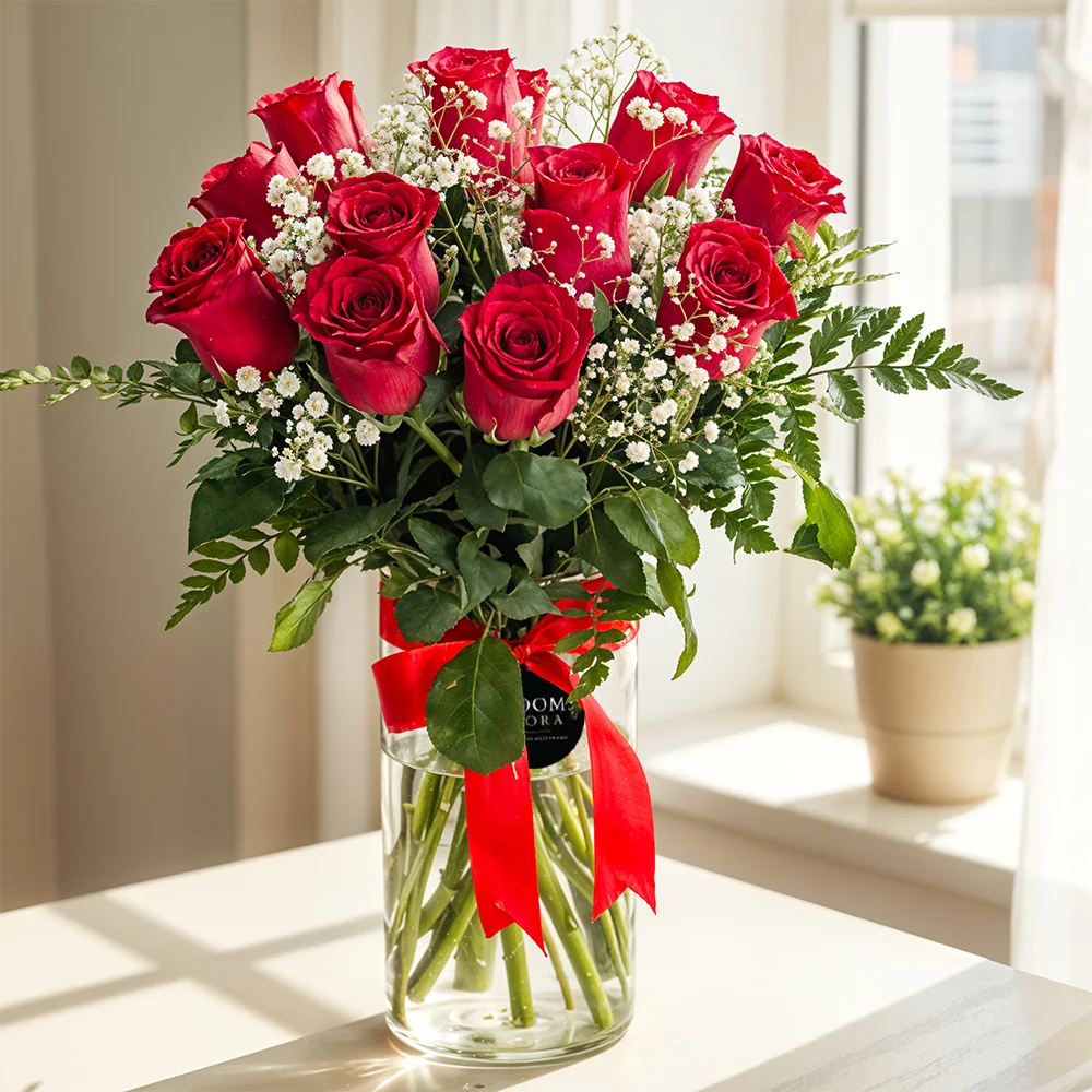 Red Roses in Glass Vase