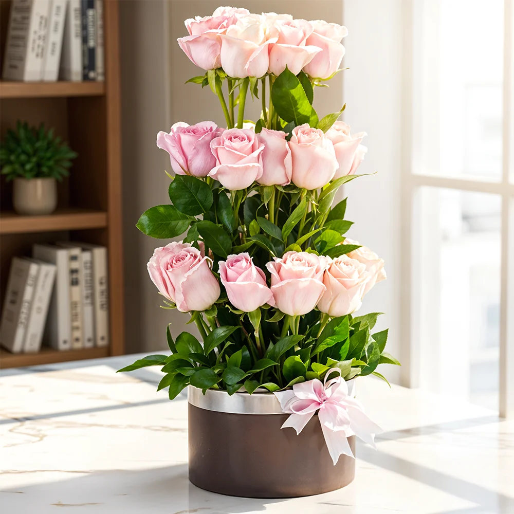 Gift 30 pink roses in steps with green fillers in a round box