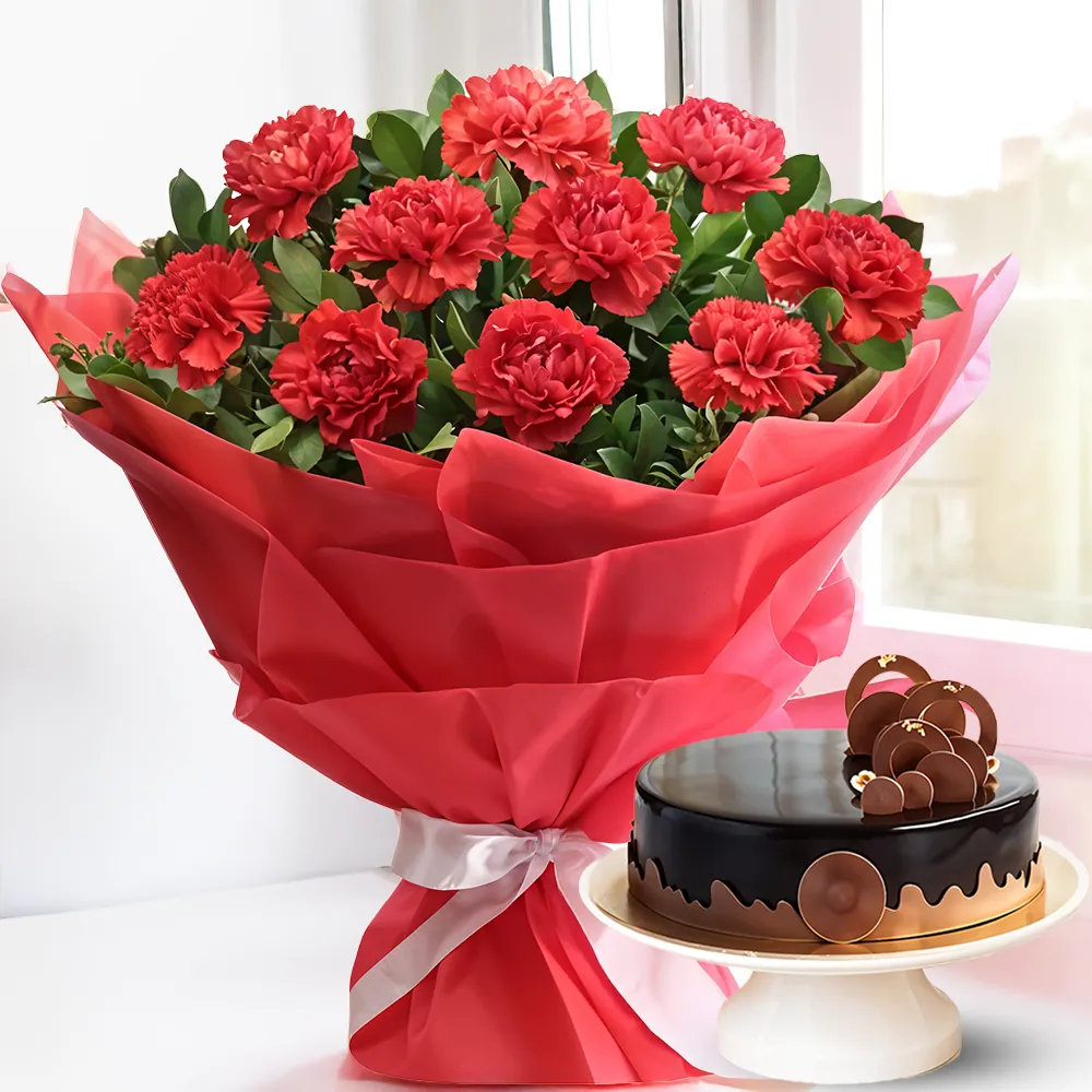Carnations Bouquet in a Red Packing With Cake Carnations Bouquet in a Red Packing With Cake