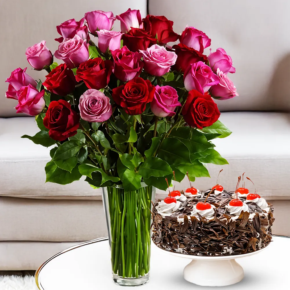 13 red and 12 pink roses bouquet with dark forest cake