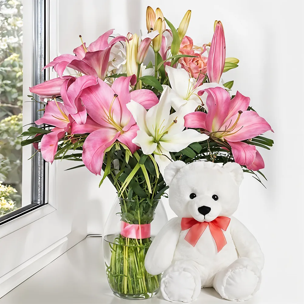 White & Pink Lilies in a Vase & Teddy