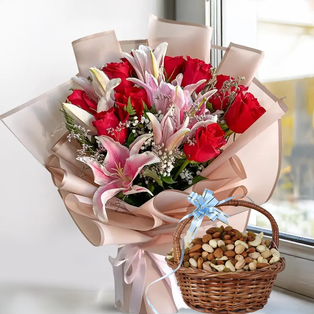 Mix flowers bouquet and Dry Fruits basket