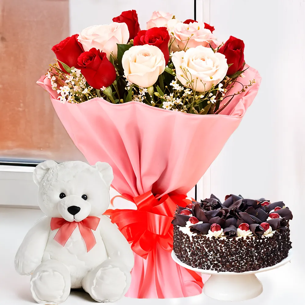 Bouquet With Teddy & Cake