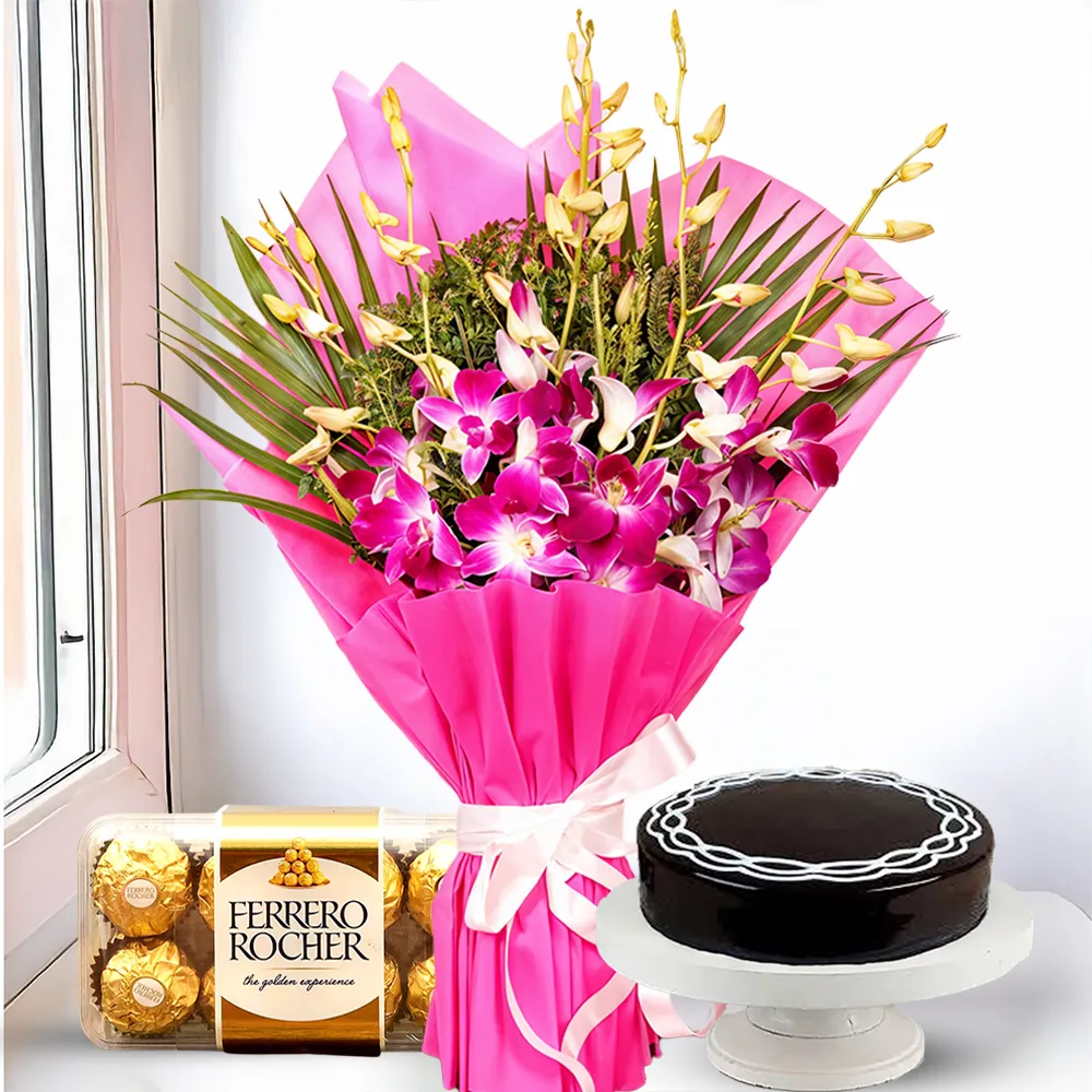 Flowers Bouquet With Cake & Chocolate