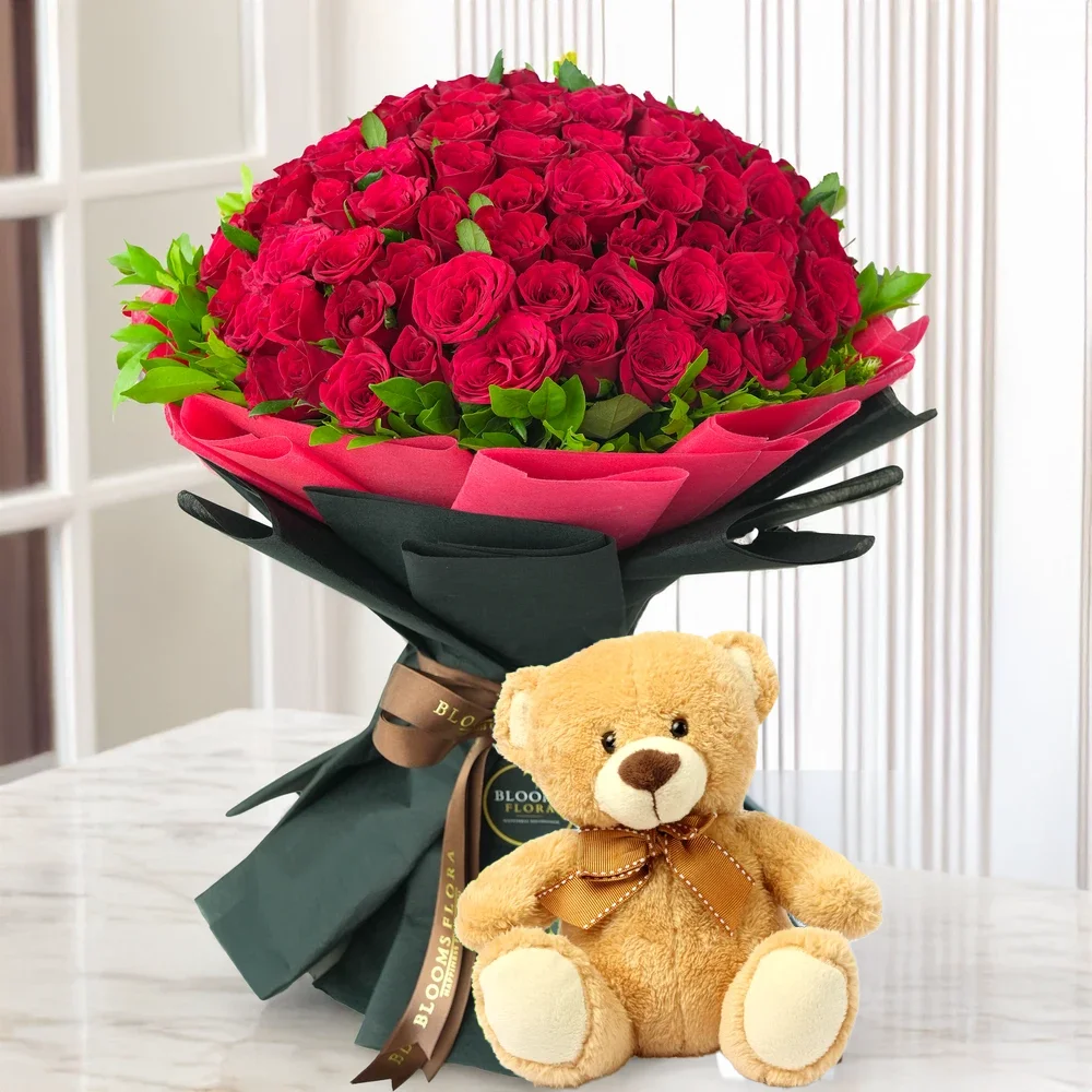 Bouquet of Red Roses & Teddy Bear