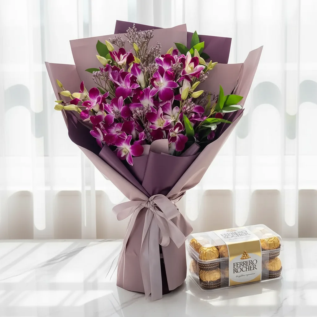 purple orchids bouquet with ferrero rocher chocolates purple orchids bouquet with ferrero rocher chocolates