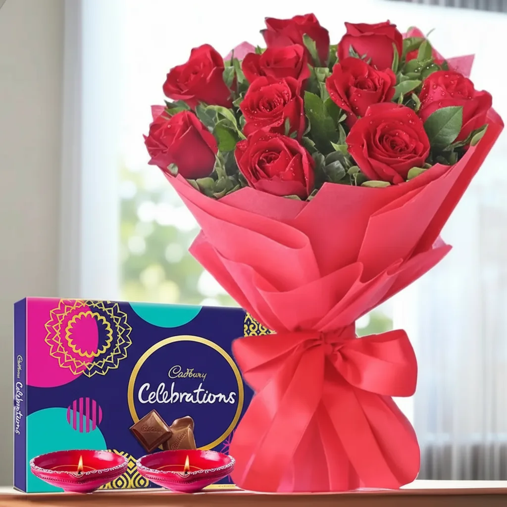 Roses Bouquet & Chocolates with Diyas