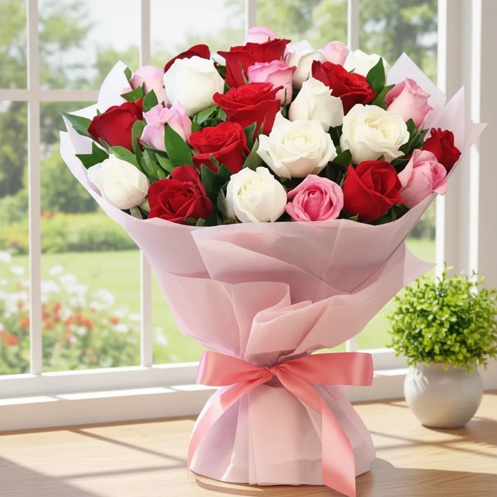 25 white,red and pink roses bouquet