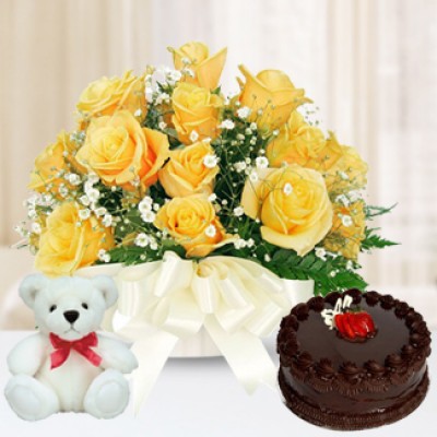 10 Yellow Roses, 1/2Kg Cake & 6 inch Teddy