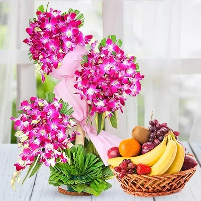 Flower Arrangement of Purple Orchids & Fruits