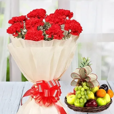 Bouquet of Red Carnations & Fruits