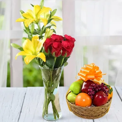 Lilies & Roses in a Vase & Fruits