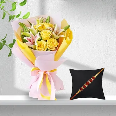 Bouquet of Yellow Roses & Pink Lilies with a Free Rakhi