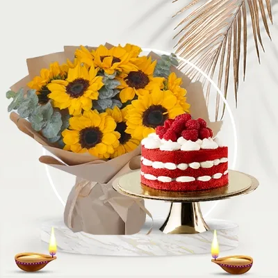 Sunflower Bouquet with Strawberry Cake for Diwali
