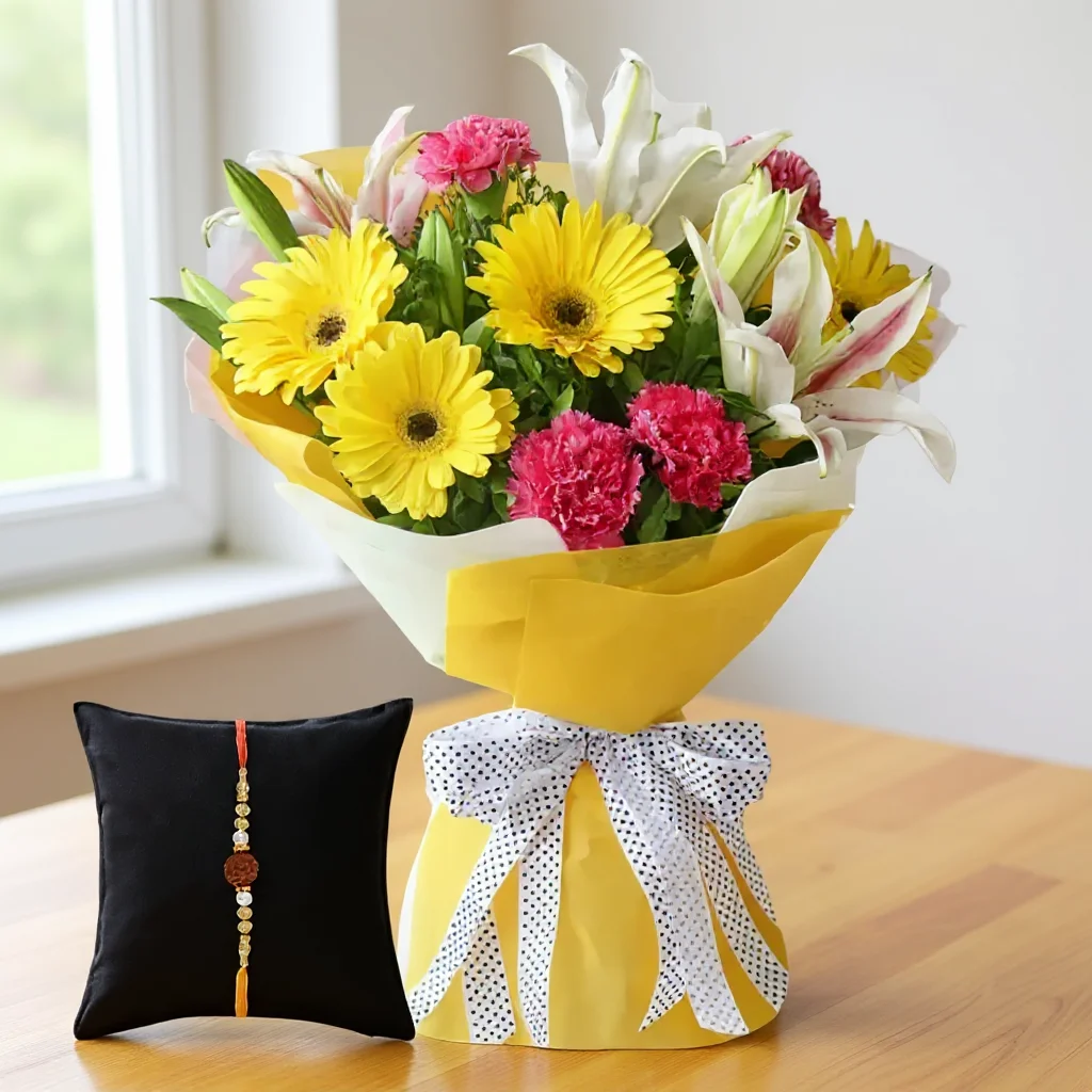 Bouquet of Gerberas, Carnations & Lilies with Free Rakhi