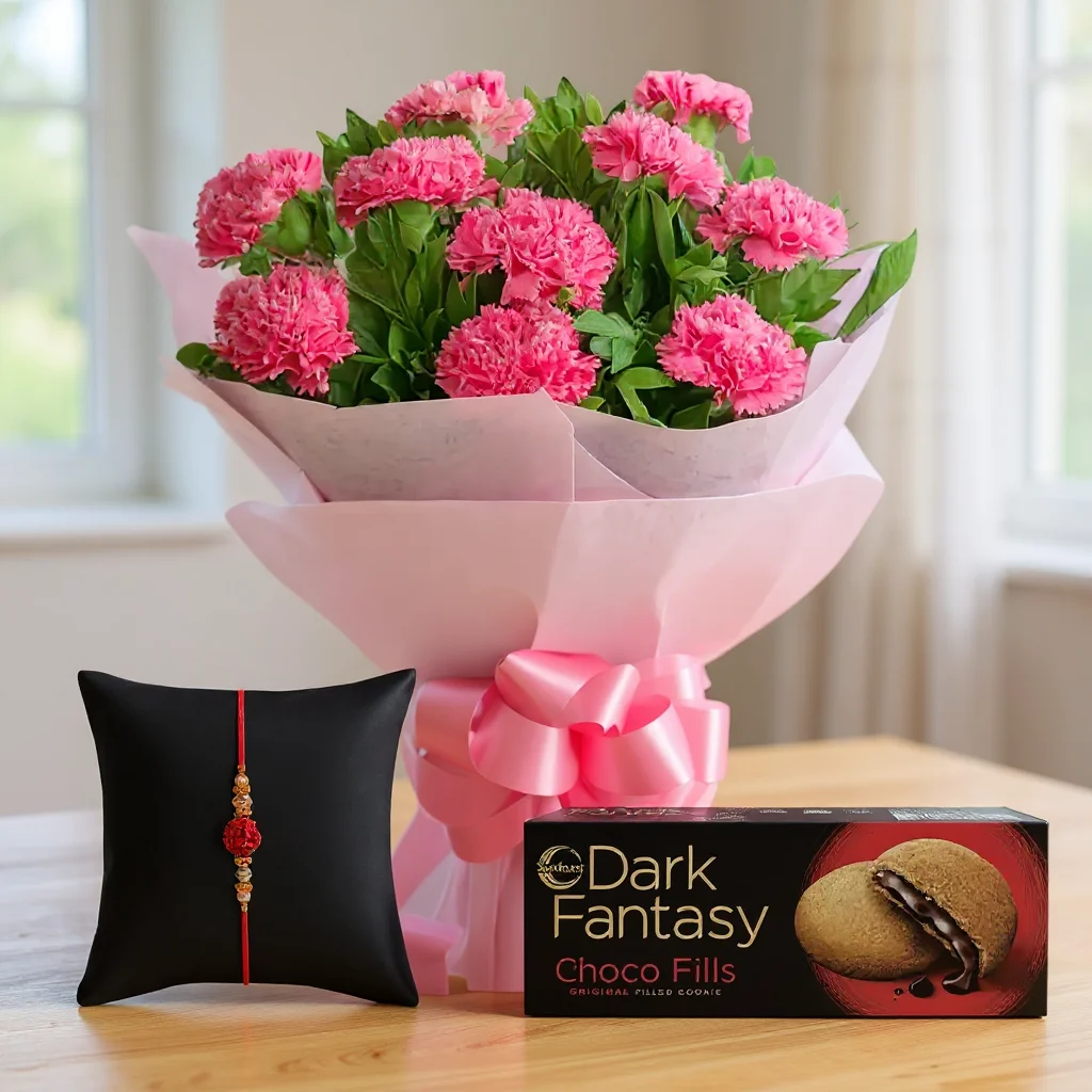 Bouquet of Pink Carnartions & Dark Fantasy with Free Rakhi