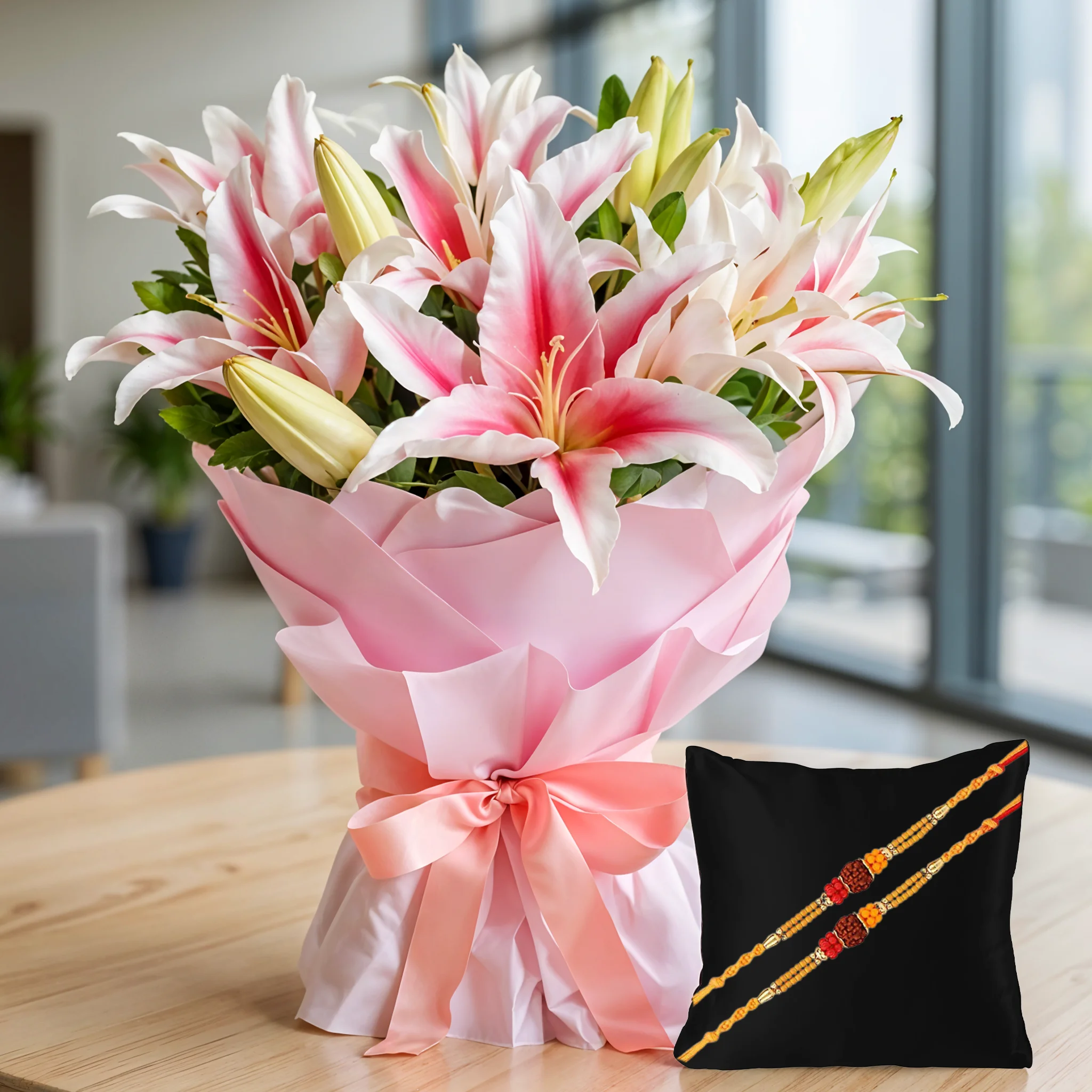 Bouquet of Pink Lilies with Free Rakhis