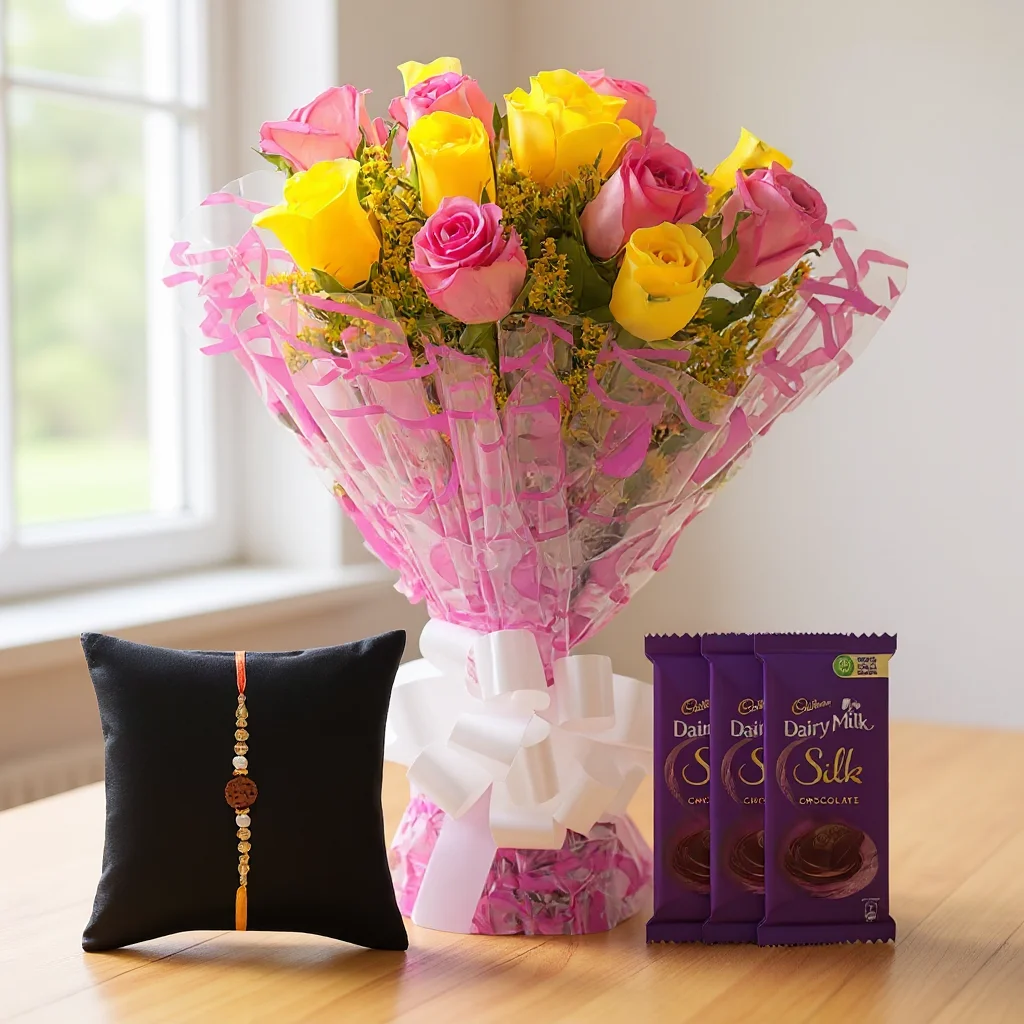 Bouquet of Pink & Yellow Roses with Chocolates and 1 Free Rakhi