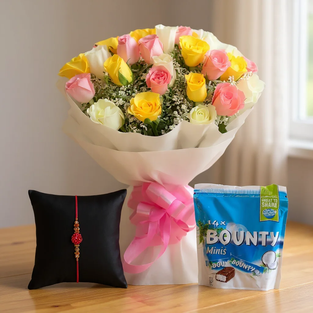 Bouquet of Pink, Yellow & White Roses and Bounty Chocolate with Free Rakhi