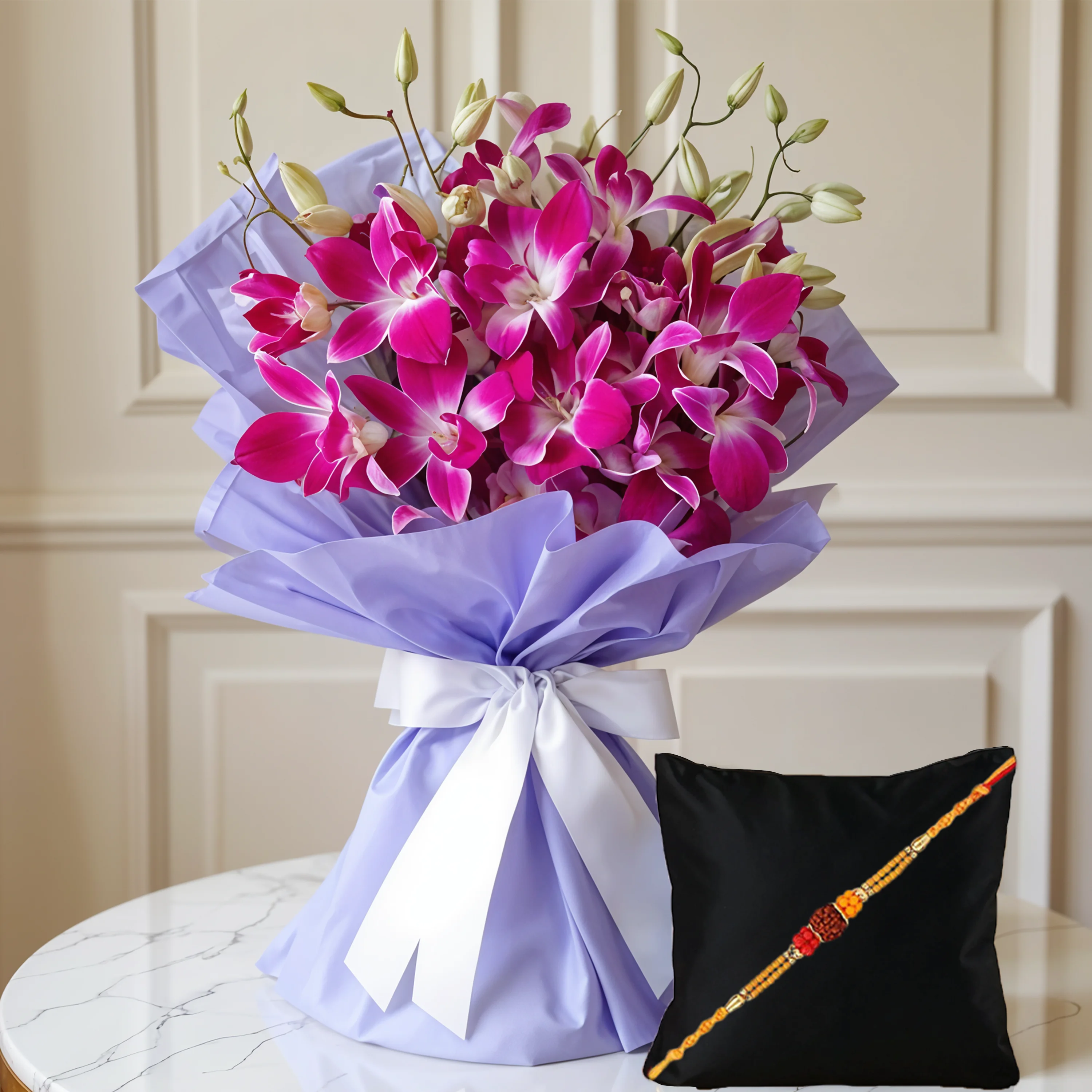 Bouquet of Purple Orchids with a Rakhi