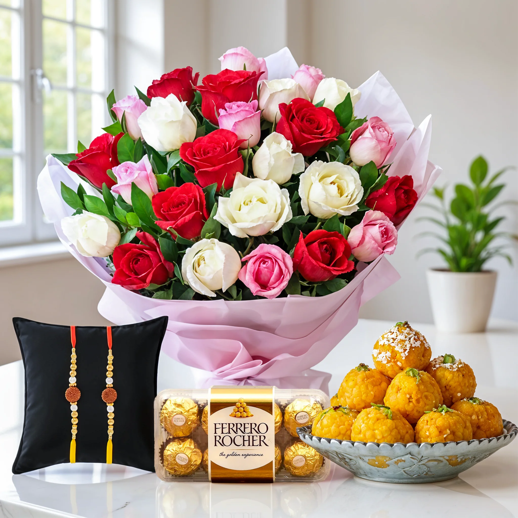 Bouquet of Red, Pink & White Roses, Chocolate and Laddu with Free Rakhis