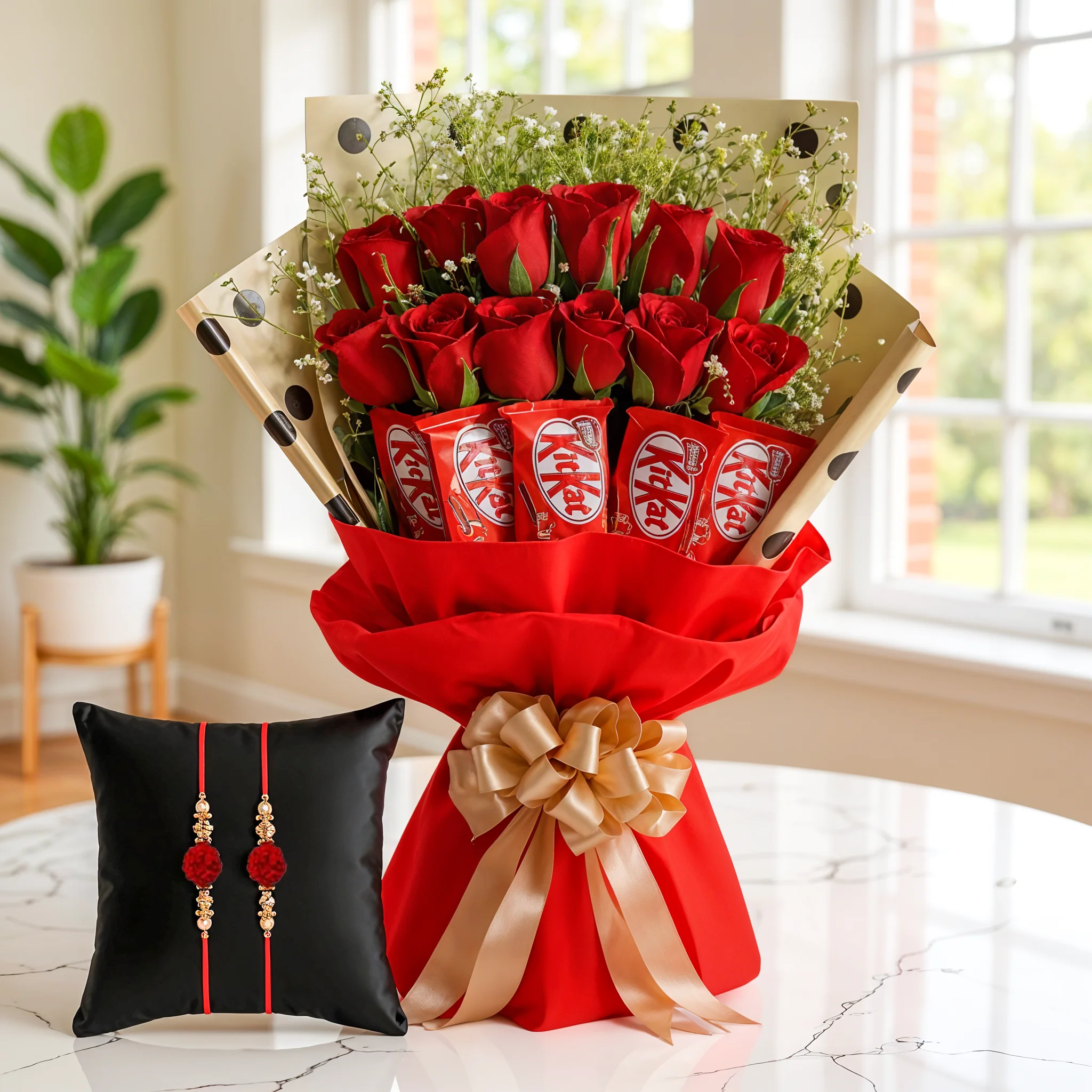 Bouquet of Red Roses & Chocolates with Free Rakhis
