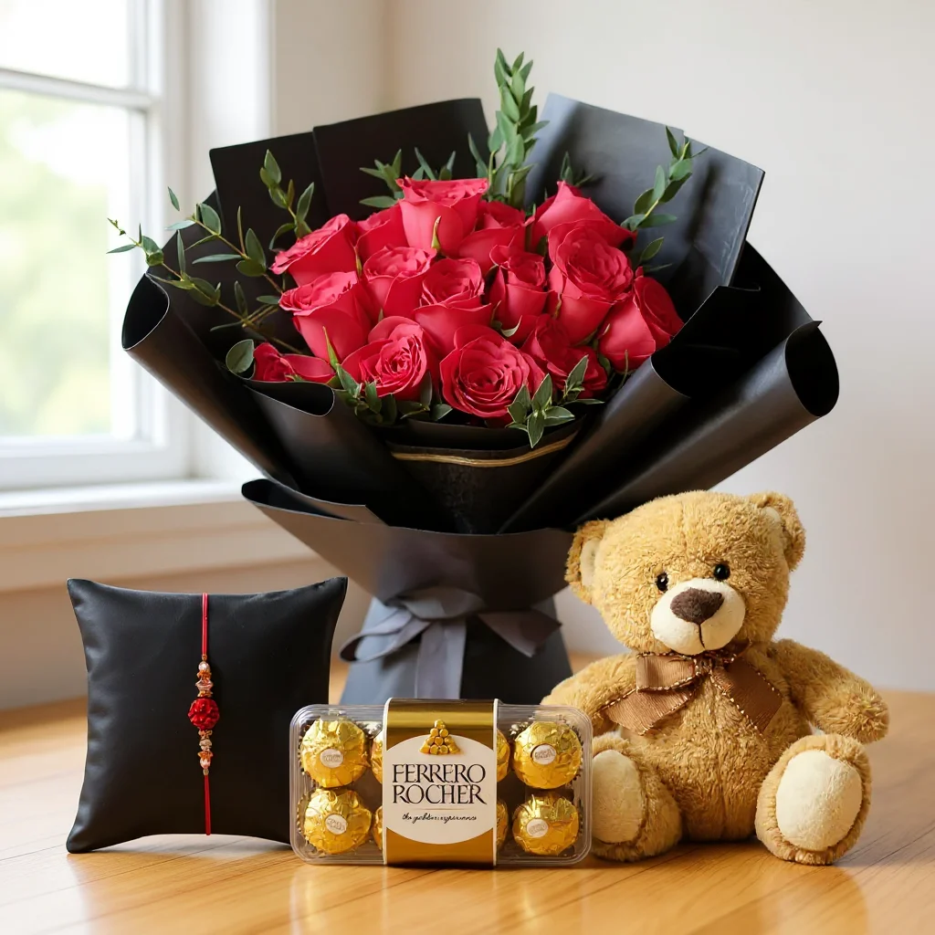 Bouquet of Red Roses,Teddy and Chocolate with a Free Rakhi