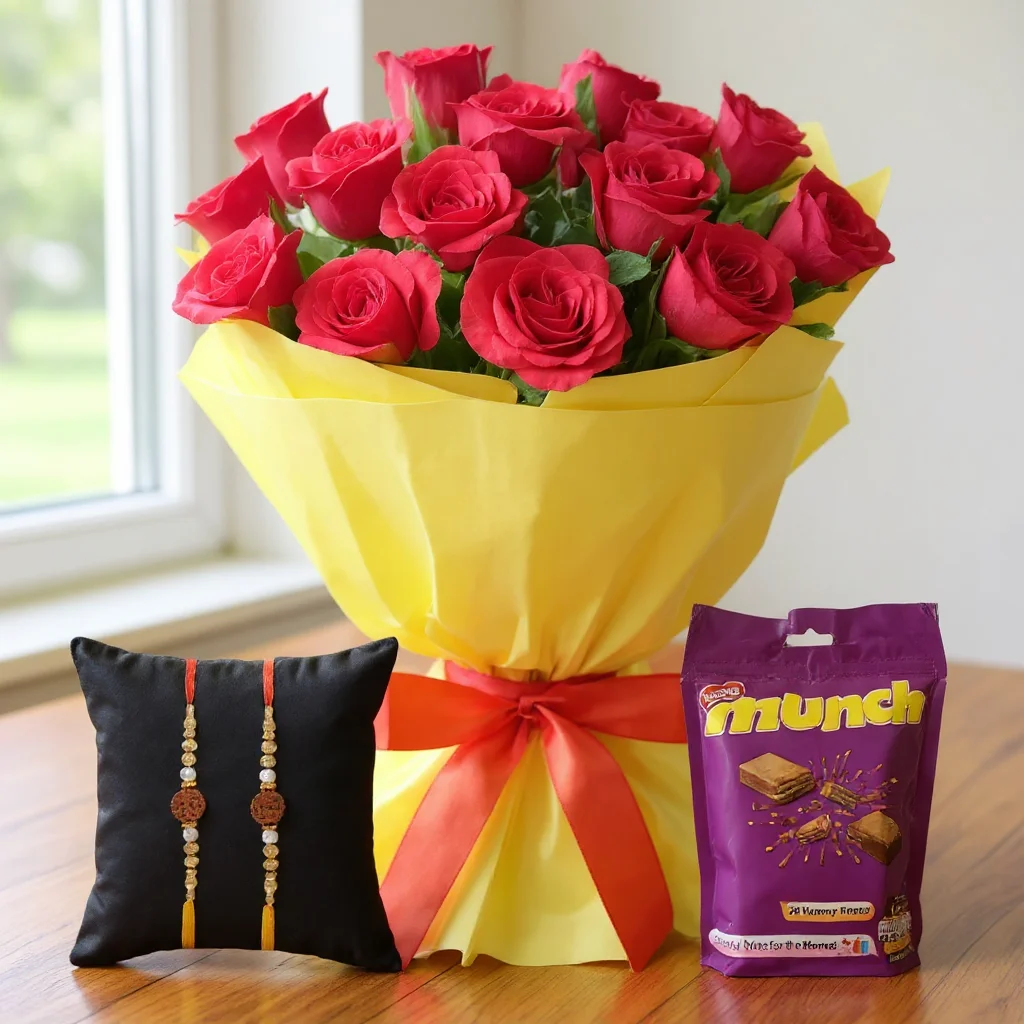 Bouquet of Red Roses and Chocolate with Free Rakhis