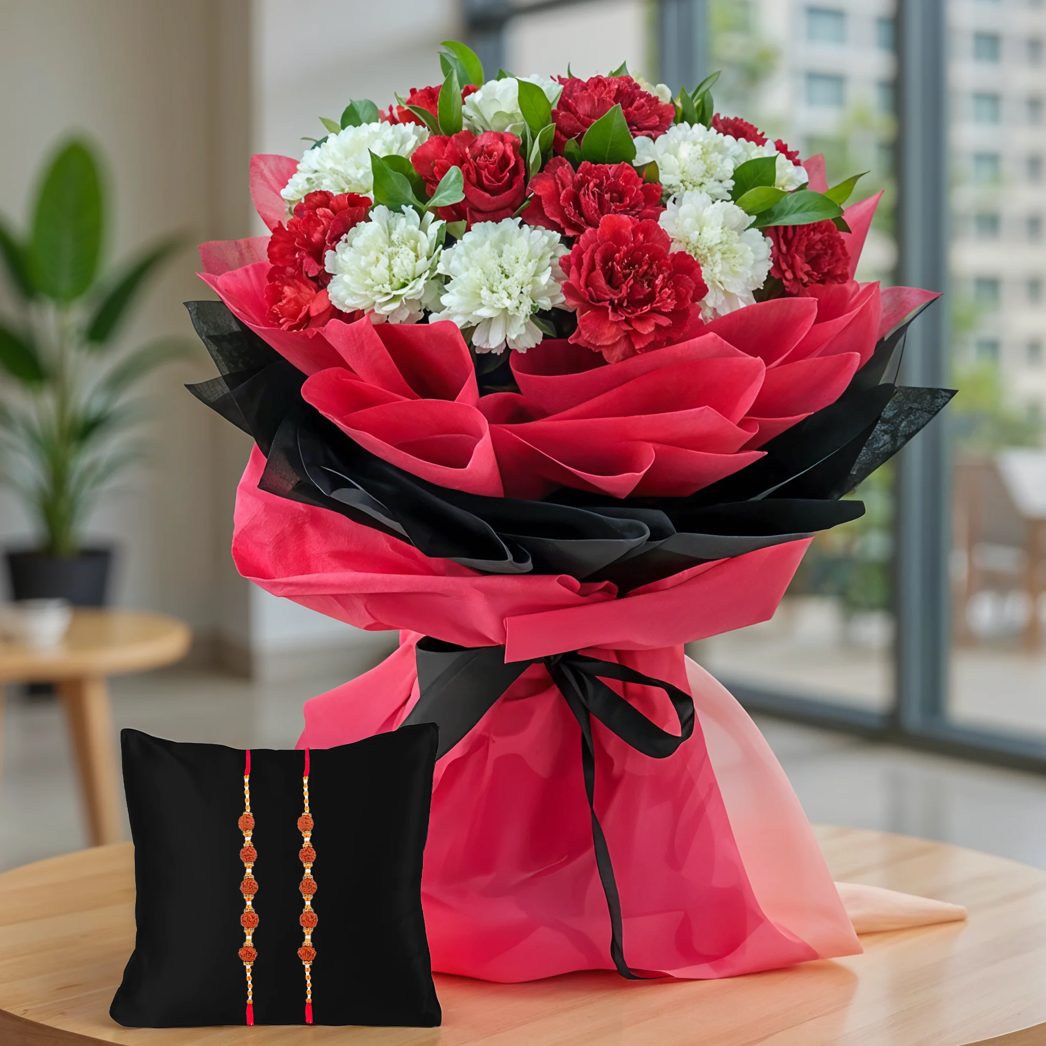 Bouquet of Red & White Carnations with Rakhis