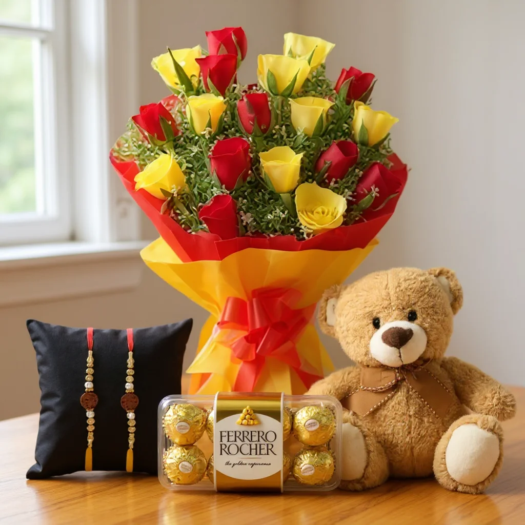 Bouquet of Red & Yellow Roses, Chocolate and Teddy with Free Rakhis