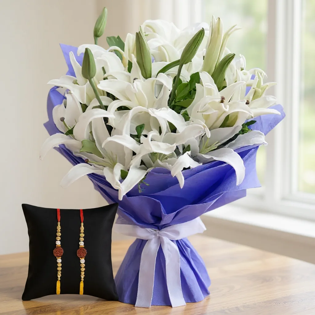 Bouquet of White Lilies with Free Rakhis