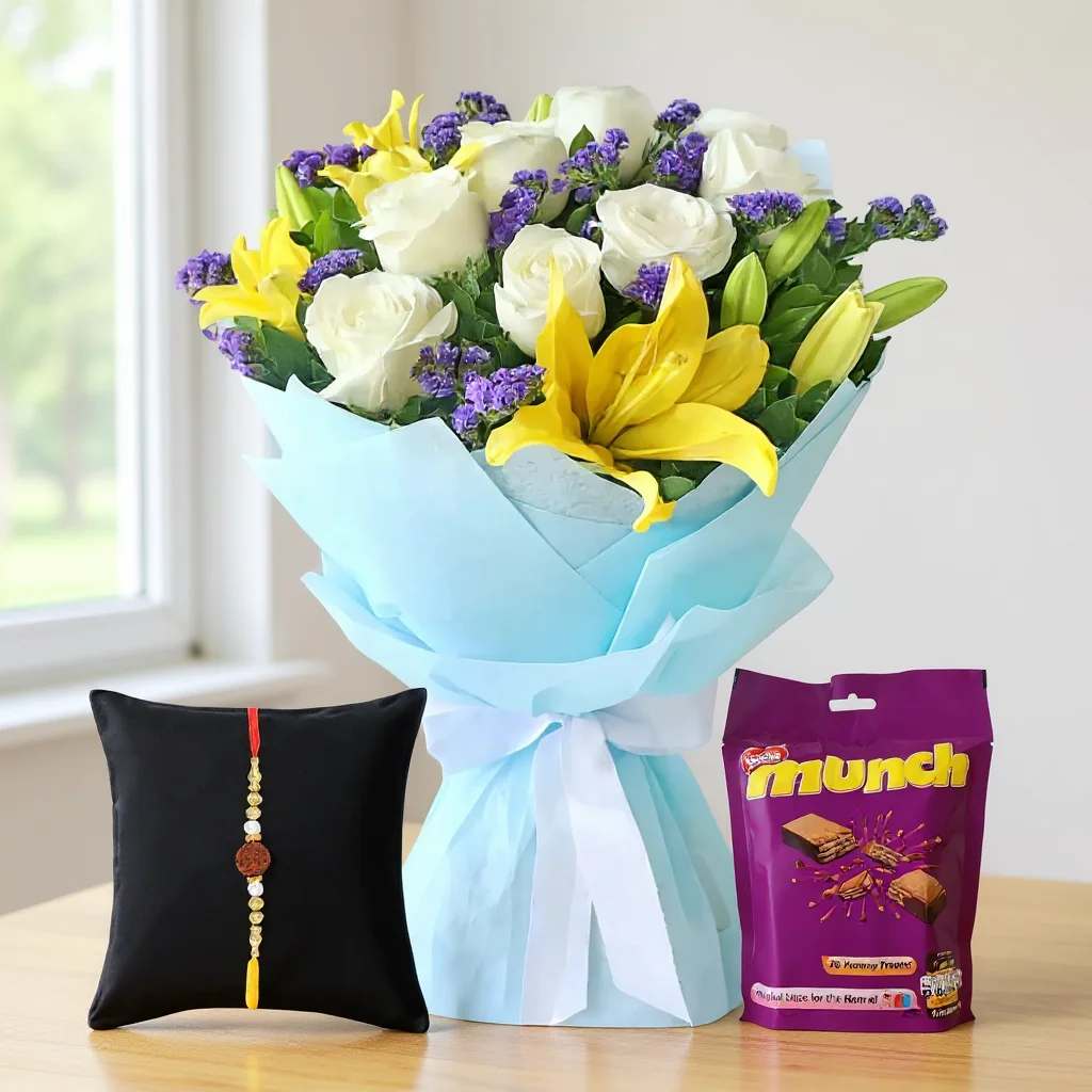 Bouquet of Yellow Lilies & White Roses with Free Rakhi