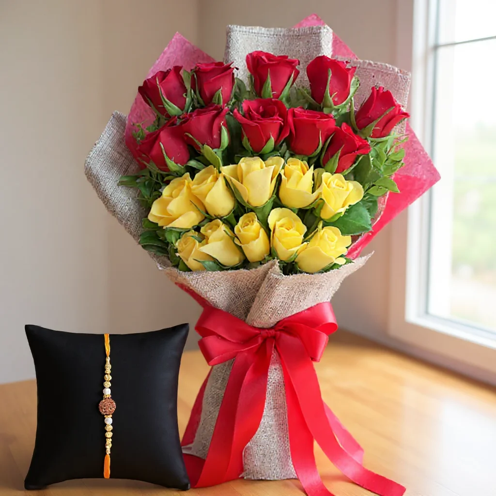 Bouquet of Yellow & Red Roses and a Rakhi