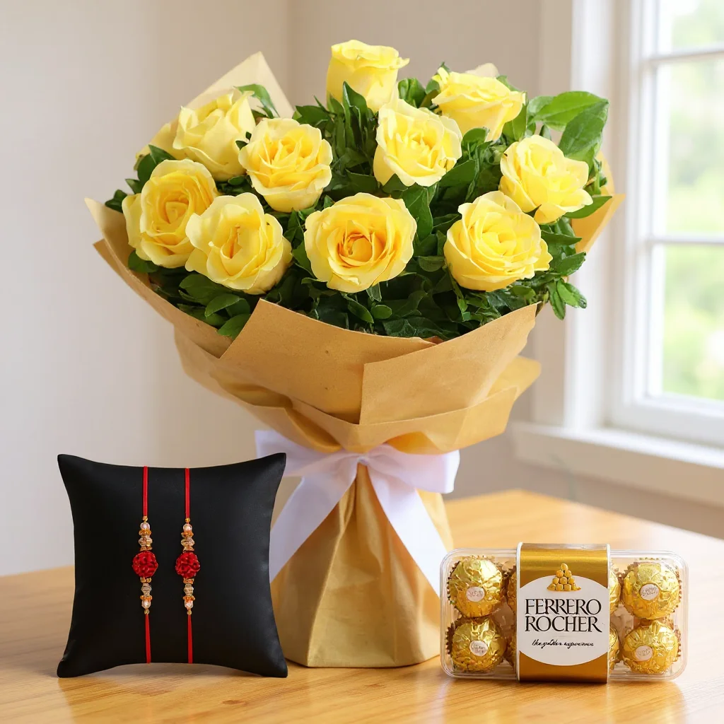 Bouquet of Yellow Roses & Chocolates with Free Rakhi
